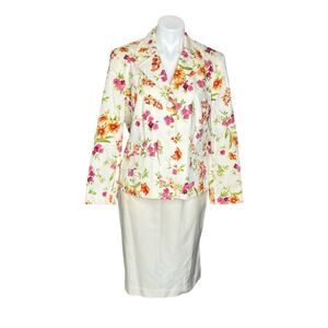Talbots Floral Print Cream Blazer Suit Jacket Silk Skirt Set size 10/12 Spring
